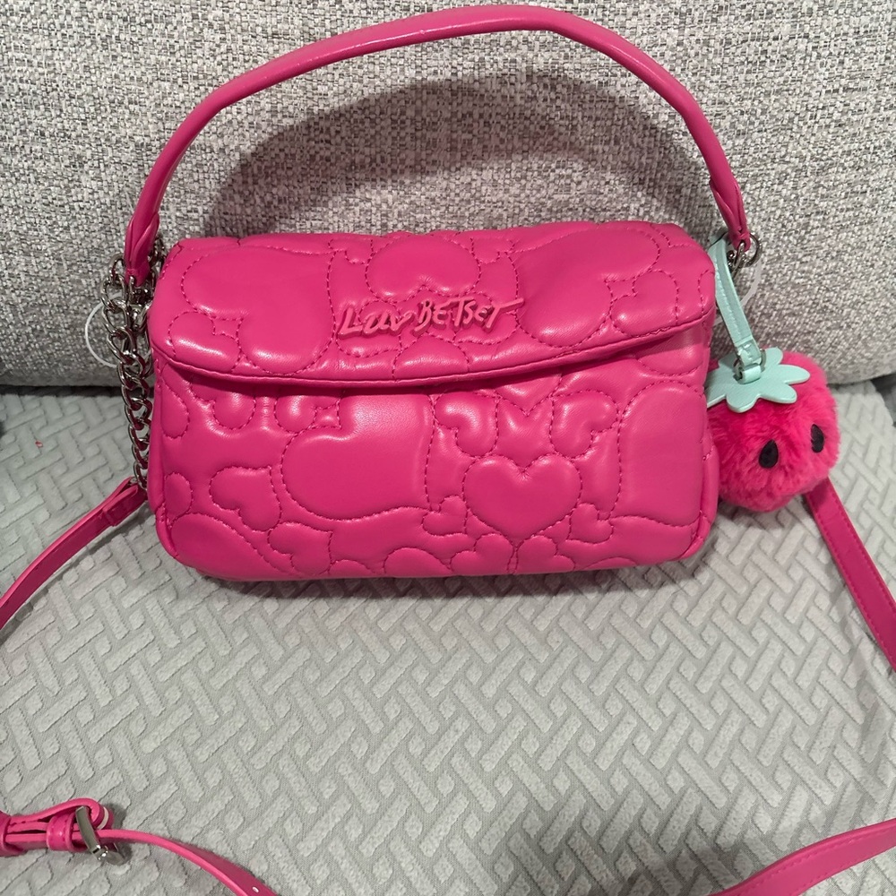 BETSEY JOHNSON Pink Hearts Crossbody Purse with Strawberry Bag Charm